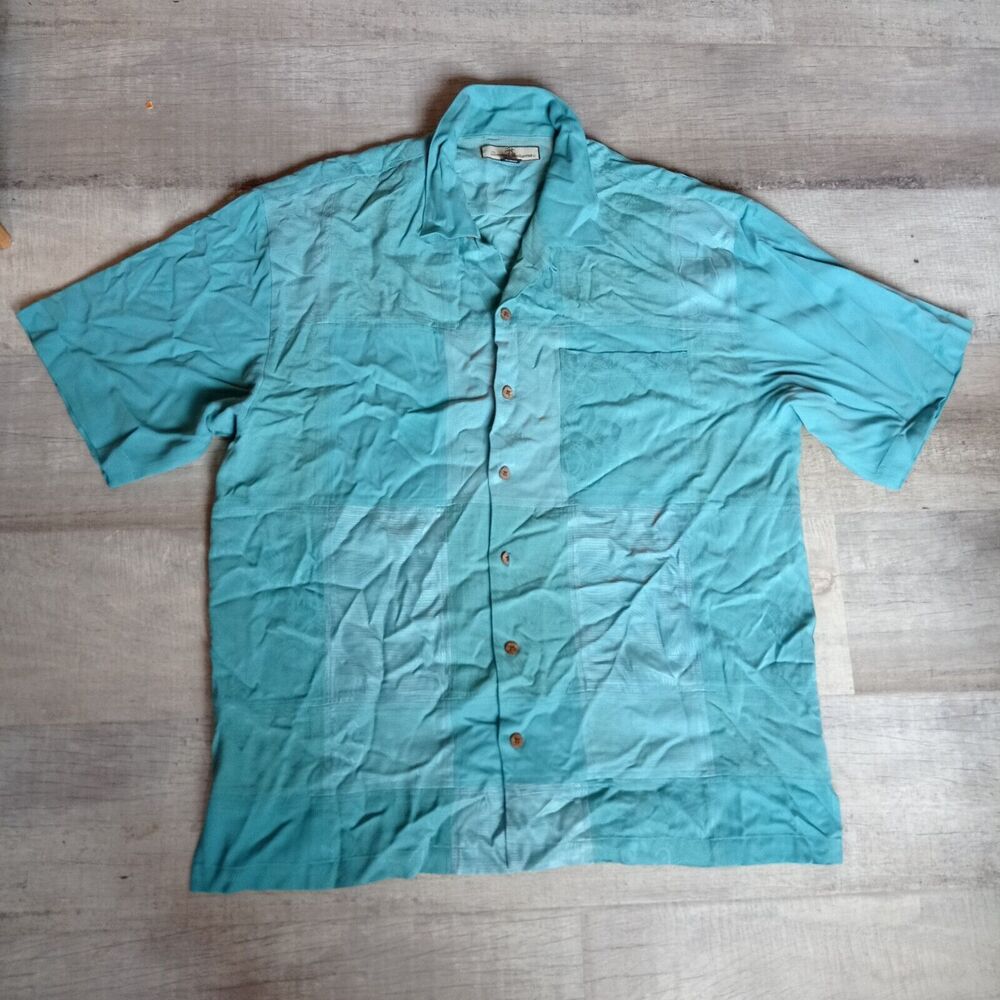 Tommy Bahama Mens Button Down Shirt XL 100% Silk Blue Leaf design collar